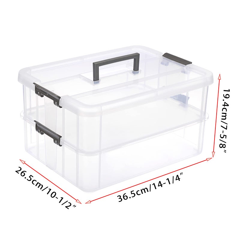 JUXYES 2-Tiers Stack Carry Storage Box With Handle, Transparent Stackable Storage Bin With Handle Lid Latching Storage Container for School & Office Supplies - Image 2