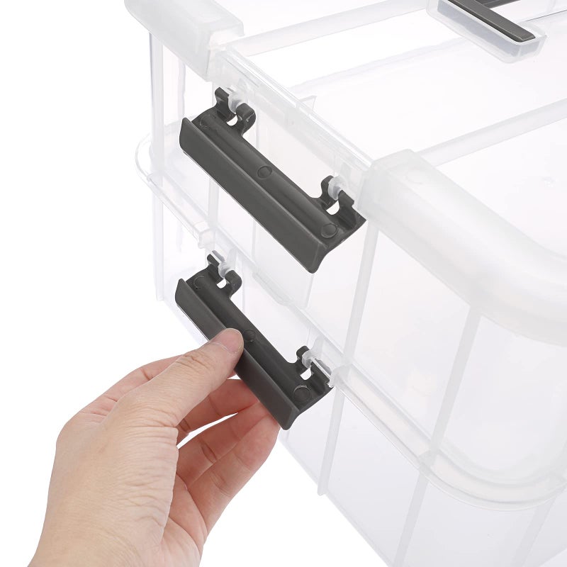 JUXYES 2-Tiers Stack Carry Storage Box With Handle, Transparent Stackable Storage Bin With Handle Lid Latching Storage Container for School & Office Supplies - Image 4