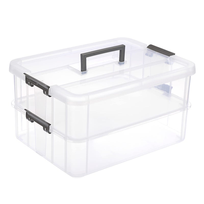 JUXYES 2-Tiers Stack Carry Storage Box With Handle, Transparent Stackable Storage Bin With Handle Lid Latching Storage Container for School & Office Supplies - Image 1