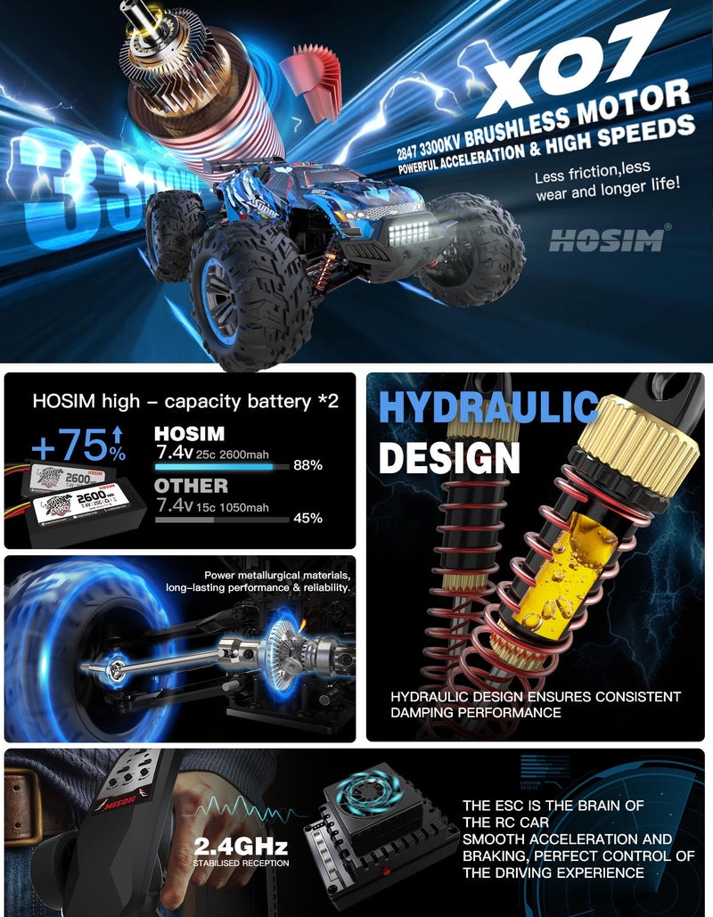 Hosim Brushless RC Cars, 1:10 68+ KMH High Speed Remote Control Car for Adults Boys, 4X4 All Terrains Waterproof Off Road Hobby Grade Large Fast Racing Buggy Toy Gift Monster Trucks - Image 2