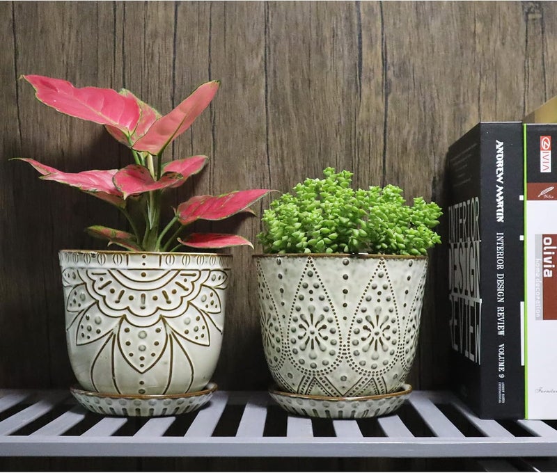 أواني زهور مقاس 15 سم - مجموعة من 2. أصيص سيراميك مزخرف بالخرز مع فتحة تصريف وصحن للنباتات، أصيص دائري كبير للعصارة والنباتات الداخلية والخارجية (أبيض) - Image 5