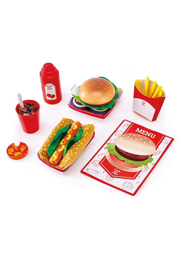 Hape Fast Food Set |Wooden Diner Fast Food Toy Set, Classic American Meal for Pretend Play Includes Burger, French Fries, Hotdogs and Cola - Image 1