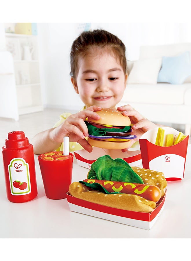 Hape Fast Food Set |Wooden Diner Fast Food Toy Set, Classic American Meal for Pretend Play Includes Burger, French Fries, Hotdogs and Cola - Image 5