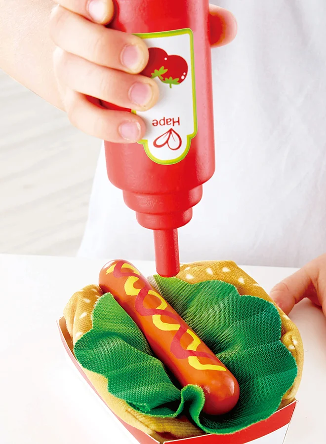 هيب Hape Fast Food Set |Wooden Diner Fast Food Toy Set, Classic American Meal for Pretend Play Includes Burger, French Fries, Hotdogs and Cola
