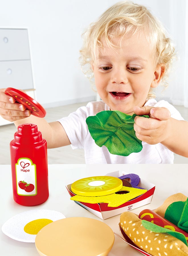 Hape Fast Food Set |Wooden Diner Fast Food Toy Set, Classic American Meal for Pretend Play Includes Burger, French Fries, Hotdogs and Cola - Image 3