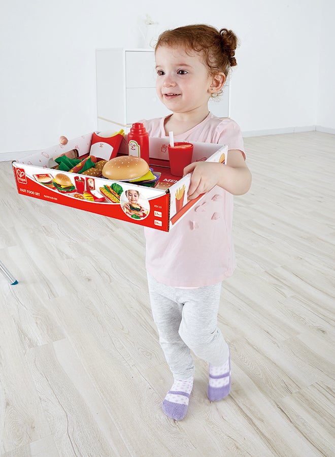 Hape Fast Food Set |Wooden Diner Fast Food Toy Set, Classic American Meal for Pretend Play Includes Burger, French Fries, Hotdogs and Cola - Image 4