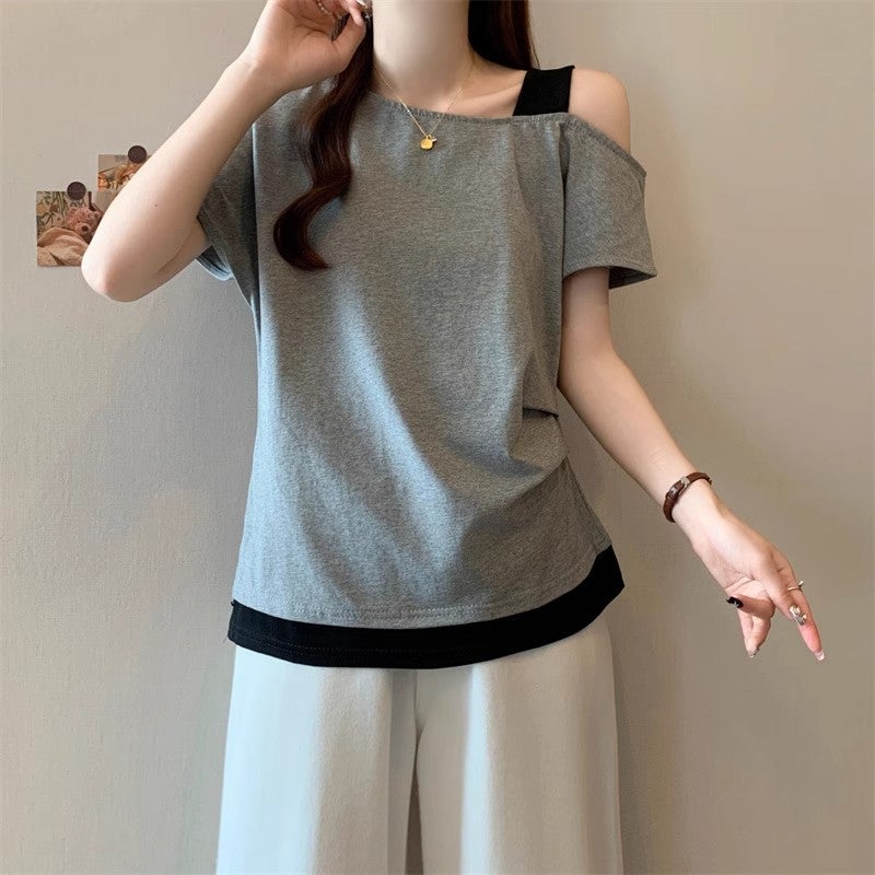 [40 Cool Silk Cotton Rib 1 × 1] Oblique Shoulder Fake Two-Piece T-Shirt 2025 Women'S Pleated Shoulder - Image 2