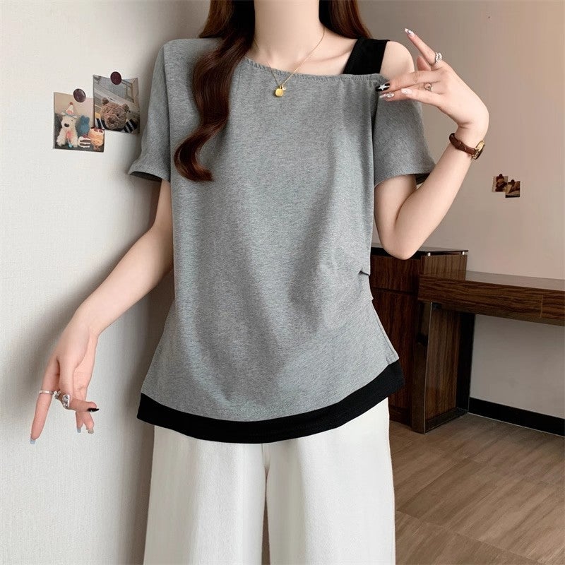 [40 Cool Silk Cotton Rib 1 × 1] Oblique Shoulder Fake Two-Piece T-Shirt 2025 Women'S Pleated Shoulder - Image 3
