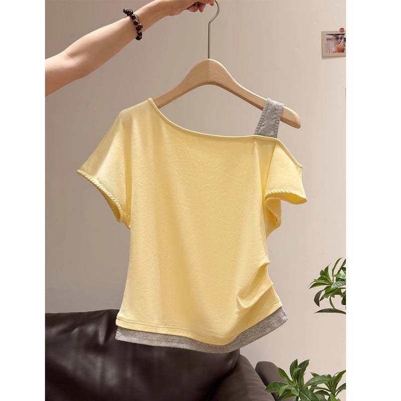 [40 Cool Silk Cotton Rib 1 × 1] Oblique Shoulder Fake Two-Piece T-Shirt 2025 Women'S Pleated Shoulder - Image 5