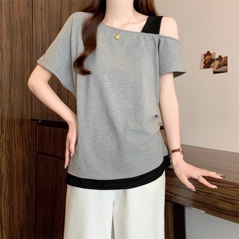 [40 Cool Silk Cotton Rib 1 × 1] Oblique Shoulder Fake Two-Piece T-Shirt 2025 Women'S Pleated Shoulder - Image 4