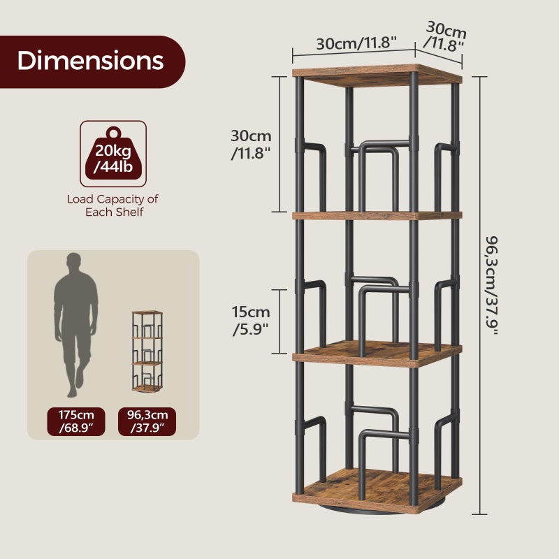 MAHANCRIS 4-Tier Rotating Bookshelf, Freestanding Corner Bookshelf, 360Â° Spinning Bookcase, Industrial Style Storage Rack with Rails, for Living Room, Bedroom, Study, Rustic Brown and Black BKHR1501 - Image 2