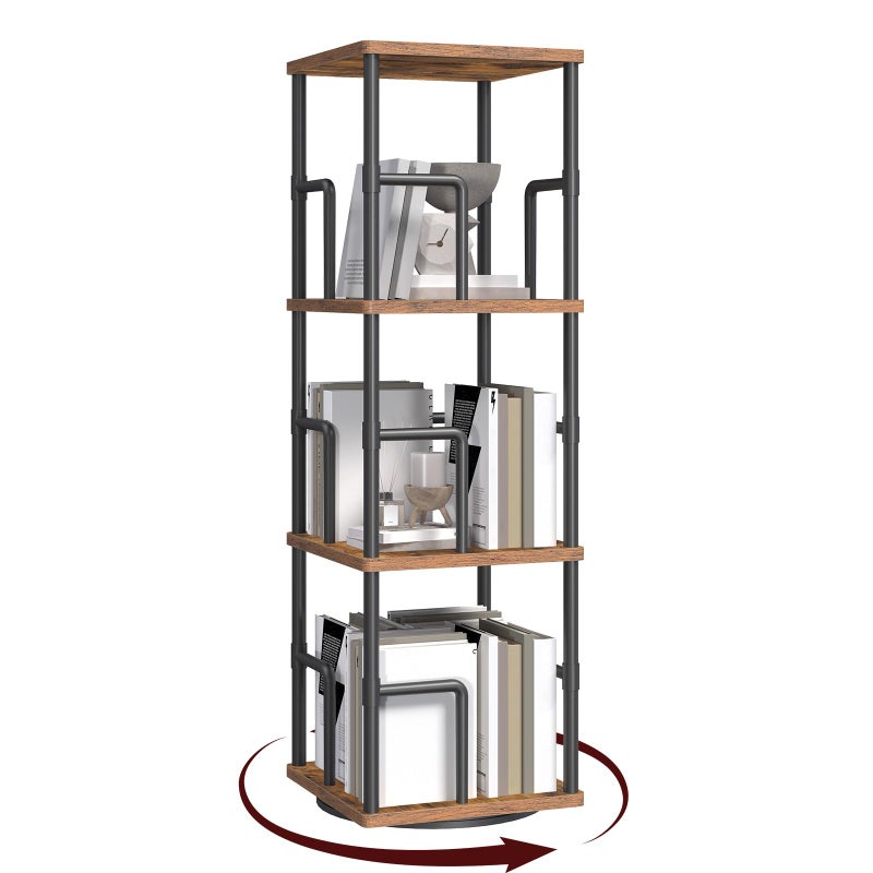 MAHANCRIS 4-Tier Rotating Bookshelf, Freestanding Corner Bookshelf, 360Â° Spinning Bookcase, Industrial Style Storage Rack with Rails, for Living Room, Bedroom, Study, Rustic Brown and Black BKHR1501 - Image 1