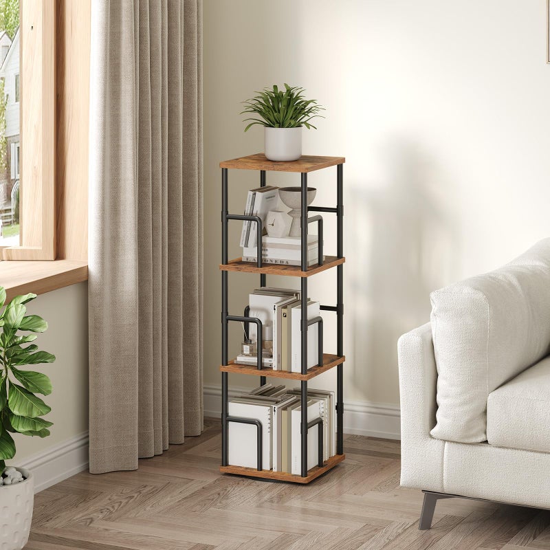MAHANCRIS 4-Tier Rotating Bookshelf, Freestanding Corner Bookshelf, 360Â° Spinning Bookcase, Industrial Style Storage Rack with Rails, for Living Room, Bedroom, Study, Rustic Brown and Black BKHR1501 - Image 3