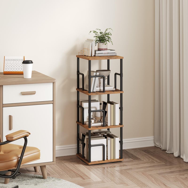 MAHANCRIS 4-Tier Rotating Bookshelf, Freestanding Corner Bookshelf, 360Â° Spinning Bookcase, Industrial Style Storage Rack with Rails, for Living Room, Bedroom, Study, Rustic Brown and Black BKHR1501 - Image 4