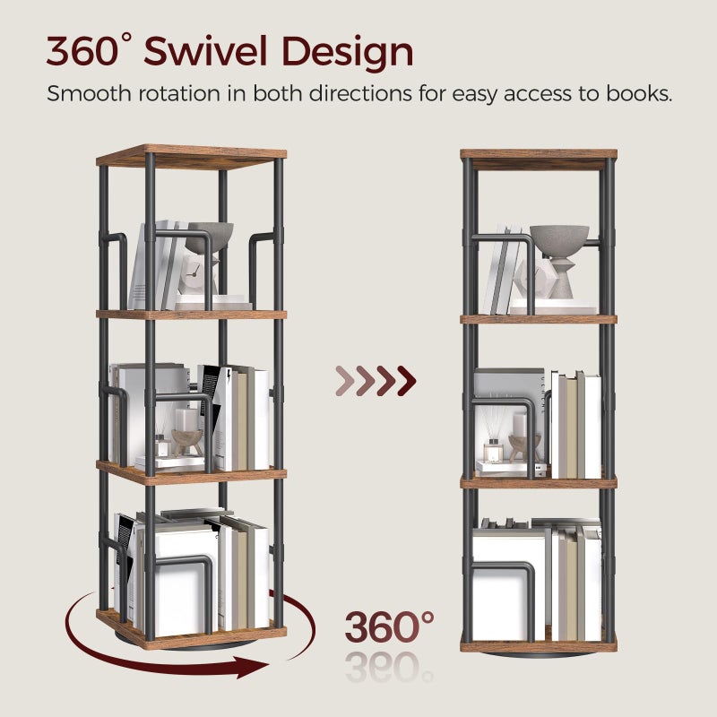 MAHANCRIS 4-Tier Rotating Bookshelf, Freestanding Corner Bookshelf, 360Â° Spinning Bookcase, Industrial Style Storage Rack with Rails, for Living Room, Bedroom, Study, Rustic Brown and Black BKHR1501 - Image 5