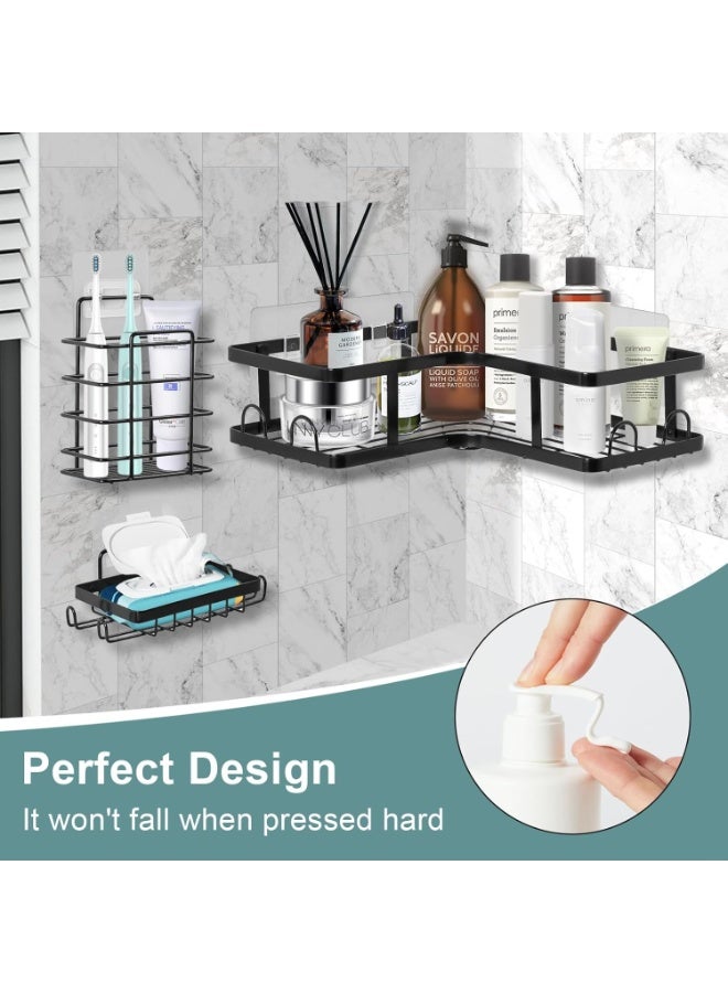 رف دش زاوية لاصق ذاتي، عبوة من 5 رفوف تنظيم دش مع حامل صابون و7 خطافات، رفوف دش من الفولاذ المقاوم للصدأ للحمام، سلة تخزين دش، ملحقات دش الحمام (أسود) - Image 5