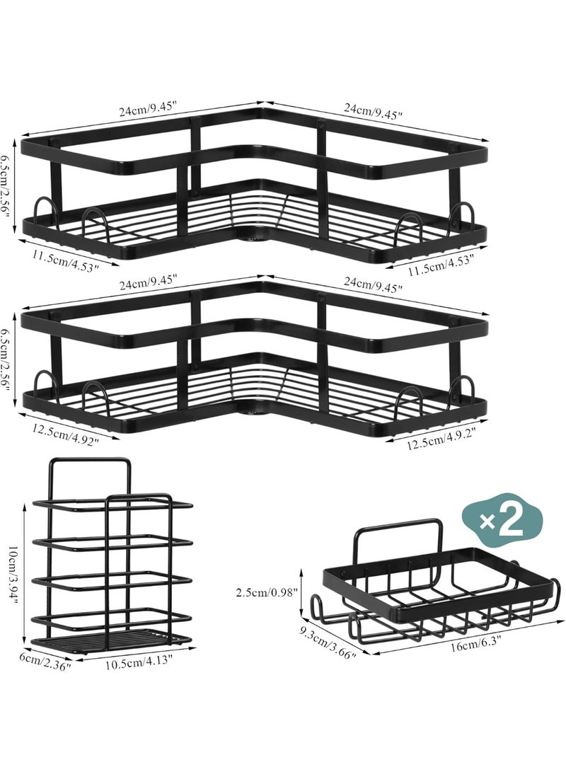 رف دش زاوية لاصق ذاتي، عبوة من 5 رفوف تنظيم دش مع حامل صابون و7 خطافات، رفوف دش من الفولاذ المقاوم للصدأ للحمام، سلة تخزين دش، ملحقات دش الحمام (أسود) - Image 3