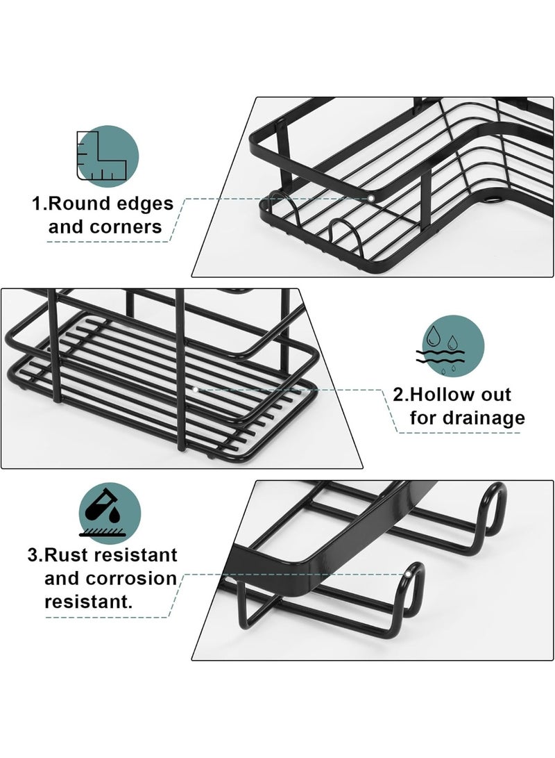 رف دش زاوية لاصق ذاتي، عبوة من 5 رفوف تنظيم دش مع حامل صابون و7 خطافات، رفوف دش من الفولاذ المقاوم للصدأ للحمام، سلة تخزين دش، ملحقات دش الحمام (أسود) - Image 4