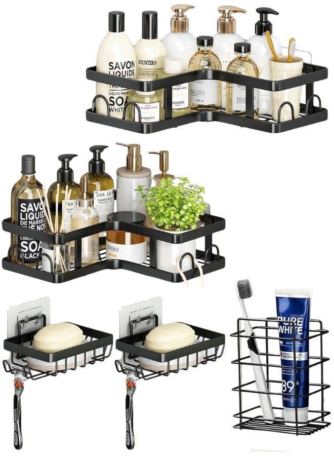 رف دش زاوية لاصق ذاتي، عبوة من 5 رفوف تنظيم دش مع حامل صابون و7 خطافات، رفوف دش من الفولاذ المقاوم للصدأ للحمام، سلة تخزين دش، ملحقات دش الحمام (أسود) - Image 2