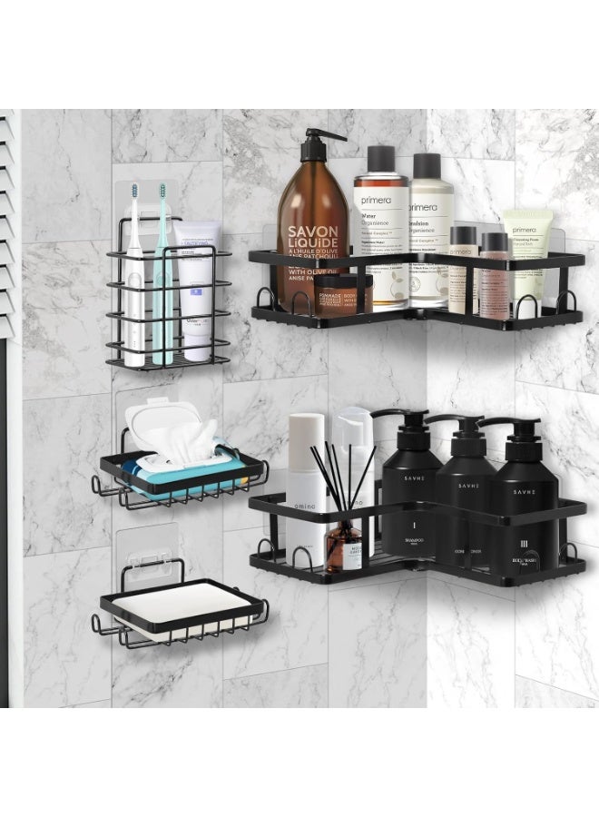 رف دش زاوية لاصق ذاتي، عبوة من 5 رفوف تنظيم دش مع حامل صابون و7 خطافات، رفوف دش من الفولاذ المقاوم للصدأ للحمام، سلة تخزين دش، ملحقات دش الحمام (أسود) - Image 1
