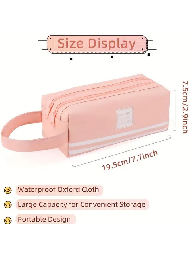 Pink Large Capacity Pencil Case For Women Double Layer Zipper Office Makeup Bag - Image 3