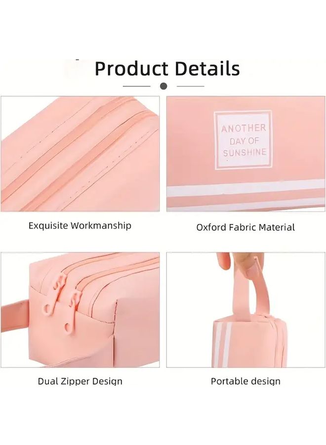 Pink Large Capacity Pencil Case For Women Double Layer Zipper Office Makeup Bag - Image 4
