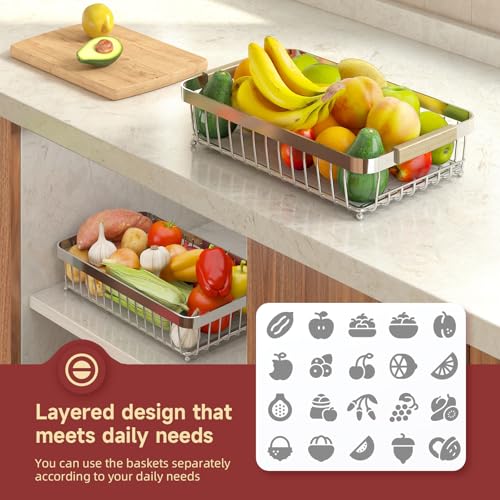 Sevenblue 2 Tier Large Fruit Basket for Kitchen Counter with 2 Mobile Banana Hangers, 2026 Pro Detachable Metal Fruit Bowl with Wooden Handle (Silver, 2 Tier Extra Large) - Image 4