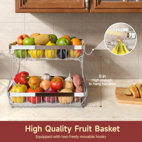 Sevenblue 2 Tier Large Fruit Basket for Kitchen Counter with 2 Mobile Banana Hangers, 2026 Pro Detachable Metal Fruit Bowl with Wooden Handle (Silver, 2 Tier Extra Large) - Image 2