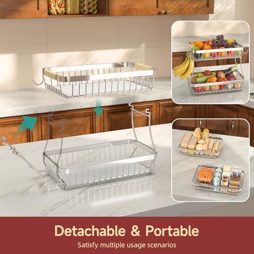 Sevenblue 2 Tier Large Fruit Basket for Kitchen Counter with 2 Mobile Banana Hangers, 2026 Pro Detachable Metal Fruit Bowl with Wooden Handle (Silver, 2 Tier Extra Large) - Image 3