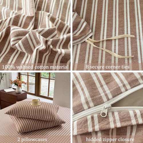 BESTDESIL Striped Duvet Cover Set 100% Washed Cotton Linen Like Soft Feelling Breathable Bedding(Burnt Orange/White Strip,Queen) - Image 5