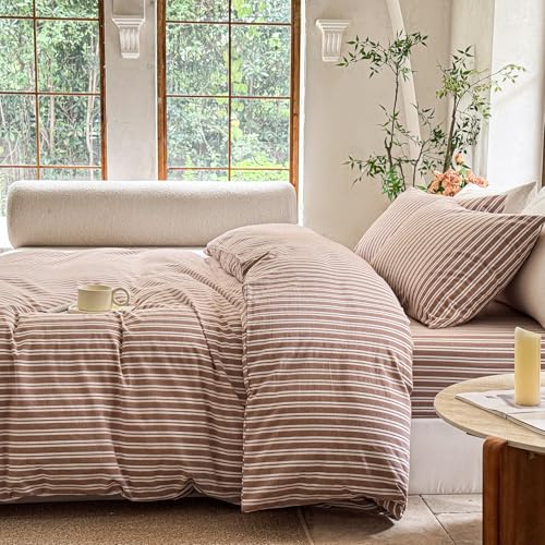 BESTDESIL Striped Duvet Cover Set 100% Washed Cotton Linen Like Soft Feelling Breathable Bedding(Burnt Orange/White Strip,Queen) - Image 4