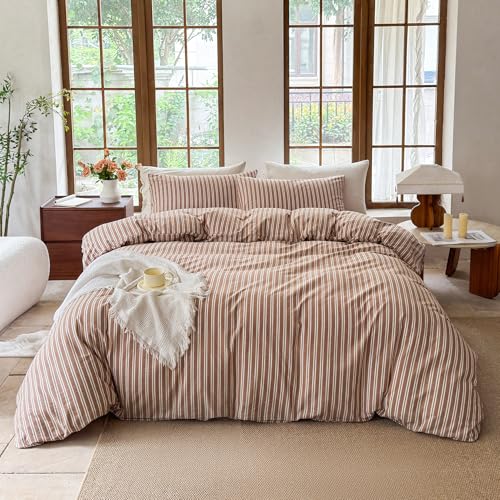 BESTDESIL Striped Duvet Cover Set 100% Washed Cotton Linen Like Soft Feelling Breathable Bedding(Burnt Orange/White Strip,Queen) - Image 2
