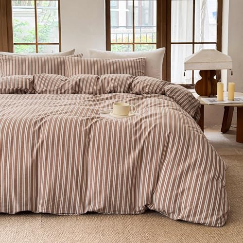 BESTDESIL Striped Duvet Cover Set 100% Washed Cotton Linen Like Soft Feelling Breathable Bedding(Burnt Orange/White Strip,Queen) - Image 1