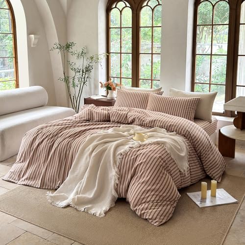 BESTDESIL Striped Duvet Cover Set 100% Washed Cotton Linen Like Soft Feelling Breathable Bedding(Burnt Orange/White Strip,Queen) - Image 3