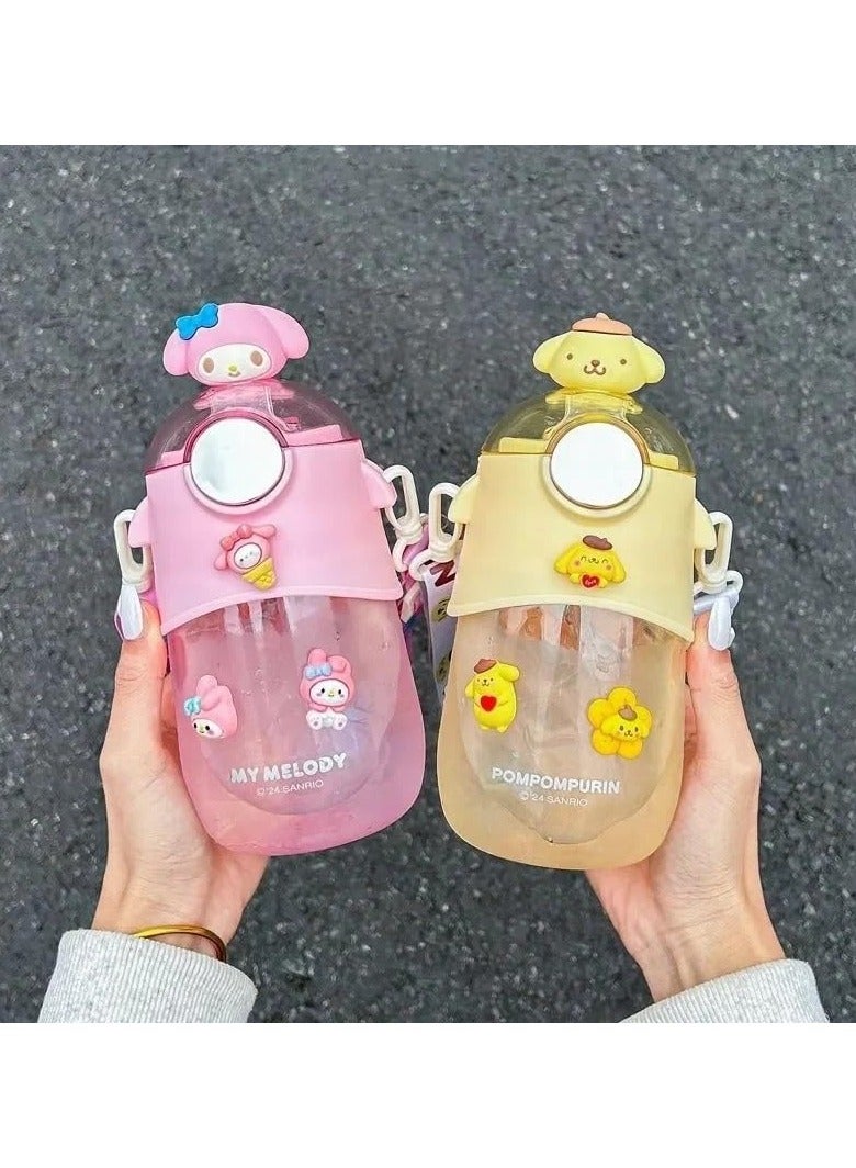 Kids Cartoon Water Bottle with Straw 600ml Reusable Plastic Water Bottle with Shoulder Strap and Silicone Cup Holder Suitable for Sports School Girls Boys