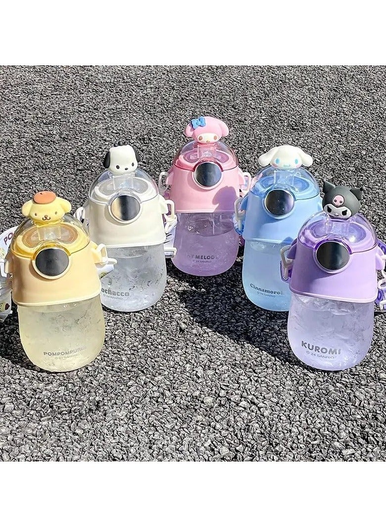 Kids Cartoon Water Bottle with Straw 600ml Reusable Plastic Water Bottle with Shoulder Strap and Silicone Cup Holder Suitable for Sports School Girls Boys