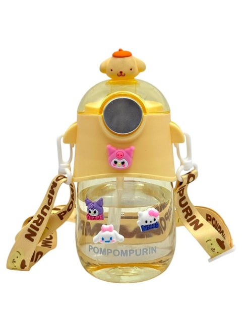 Kids Cartoon Water Bottle with Straw 600ml Reusable Plastic Water Bottle with Shoulder Strap and Silicone Cup Holder Suitable for Sports School Girls Boys