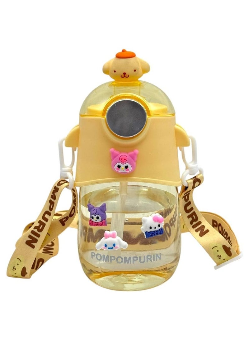 Kids Cartoon Water Bottle with Straw 600ml Reusable Plastic Water Bottle with Shoulder Strap and Silicone Cup Holder Suitable for Sports School Girls Boys