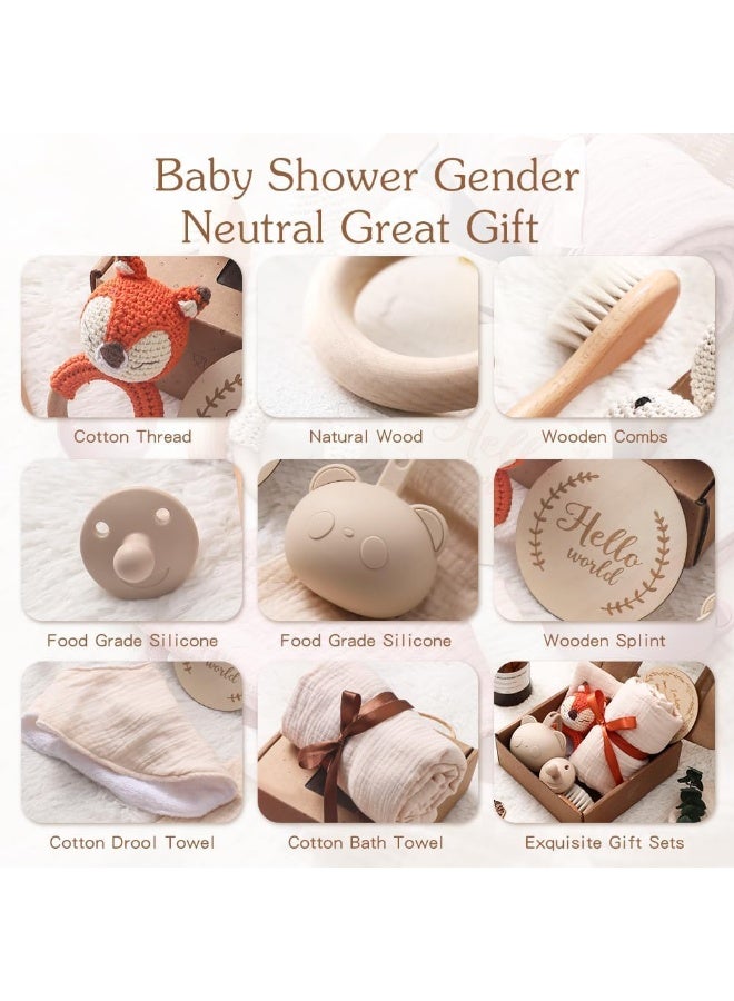 Relex New Born Baby Gift Basket, Baby Boys Girls Shower Gifts with Wooden Bunny Rattles, 7PCs Newborn Essentials Bath Set with Baby Brush,Blanket,Milestones Cards - Image 3