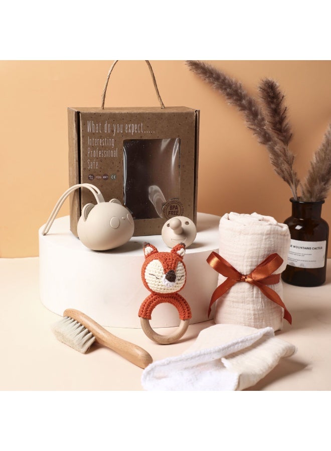 Relex New Born Baby Gift Basket, Baby Boys Girls Shower Gifts with Wooden Bunny Rattles, 7PCs Newborn Essentials Bath Set with Baby Brush,Blanket,Milestones Cards - Image 1