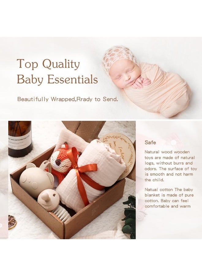 Relex New Born Baby Gift Basket, Baby Boys Girls Shower Gifts with Wooden Bunny Rattles, 7PCs Newborn Essentials Bath Set with Baby Brush,Blanket,Milestones Cards - Image 4