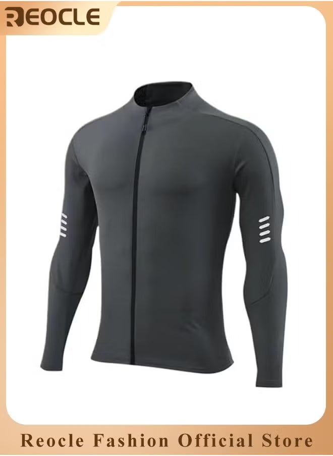 REOCLE Mens Long Sleeve Compression Sport Outfits Sun Protection Running Top Cool Dry Baselayer Athletic Fitness Clothes Grey  - Image 1