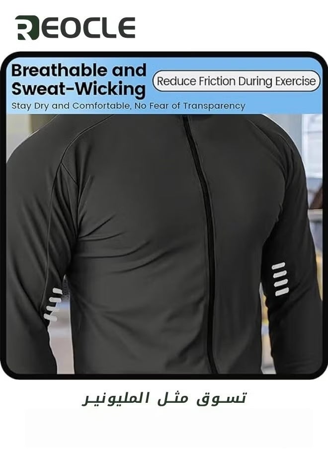 REOCLE Mens Long Sleeve Compression Sport Outfits Sun Protection Running Top Cool Dry Baselayer Athletic Fitness Clothes Grey  - Image 2