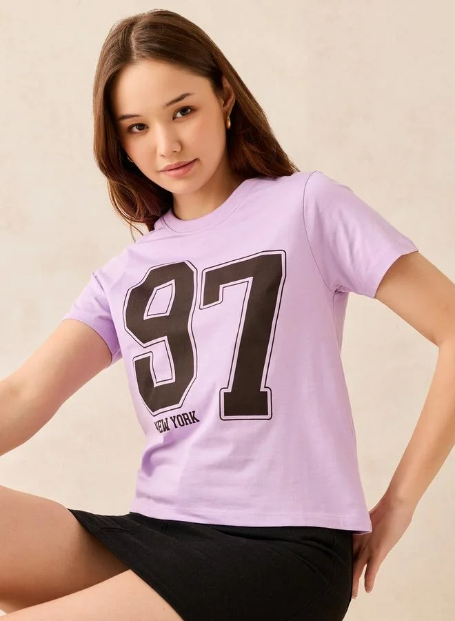 Outzidr  Lilac Crew Neck Graphic T-Shirt- 100% Cotton for Women | Best Price UAE