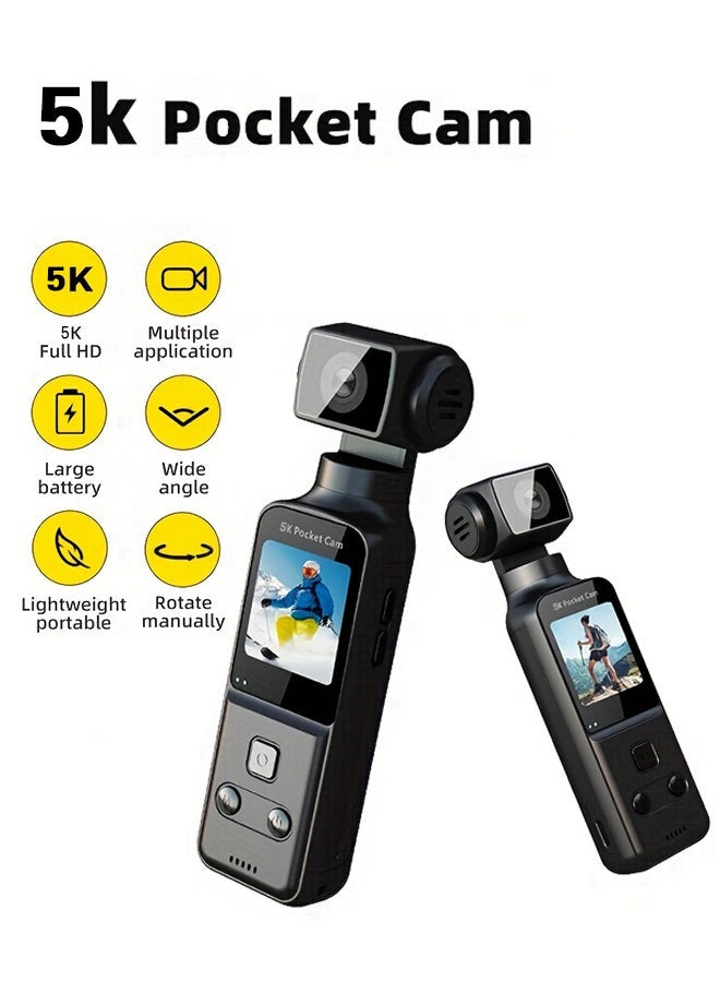 Handheld 5K Video Camera Camcorder, UHD 5K 60fps WiFi Pocket Digital Body Camera, Included 128G TF Card, 6-Axis Gyroscope Vlogging Camera with 1.33-inch Screen, 270° Rotable Lens, Mic Included, for Photography - Image 1
