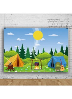 CSFOTO 7X5Ft Cartoon Camp Backdrop Camping Theme Party Wild Hiking Bag Guitar Field Survival Training Tent Campfire Felling Forest Sun Background For Photography Vinyl Wallpaper  - Image 4
