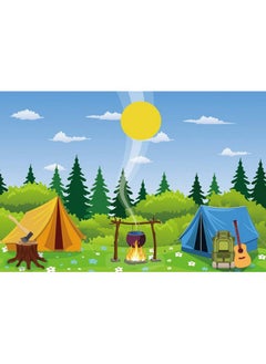 CSFOTO 7X5Ft Cartoon Camp Backdrop Camping Theme Party Wild Hiking Bag Guitar Field Survival Training Tent Campfire Felling Forest Sun Background For Photography Vinyl Wallpaper  - Image 2