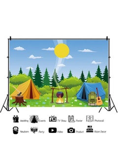 CSFOTO 7X5Ft Cartoon Camp Backdrop Camping Theme Party Wild Hiking Bag Guitar Field Survival Training Tent Campfire Felling Forest Sun Background For Photography Vinyl Wallpaper  - Image 3