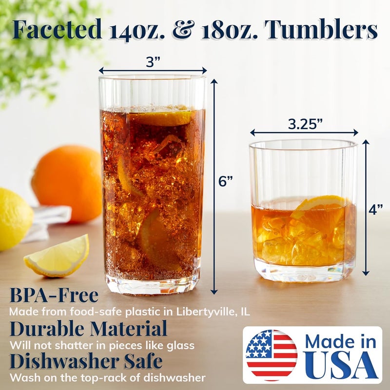 US Acrylic Faceted Clear Plastic Reusable Drinking Glasses Set of 8 14oz Rocks  18oz Water Cups  BPAFree Tumblers Made in USA  TopRack Dishwasher Safe - Image 2