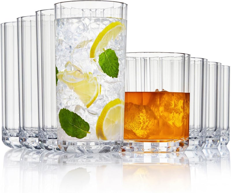 US Acrylic Faceted Clear Plastic Reusable Drinking Glasses Set of 8 14oz Rocks  18oz Water Cups  BPAFree Tumblers Made in USA  TopRack Dishwasher Safe - Image 1